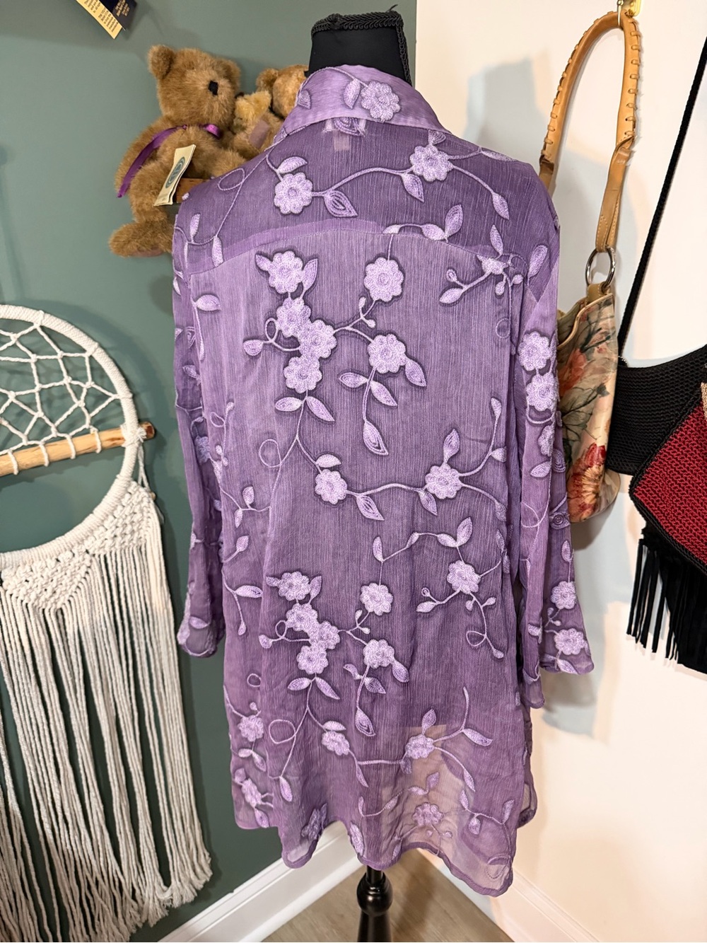 Cufio Purple Embroidered Sheer Floral Tunic Button Up Cottagecore Medium - Picture 3 of 4